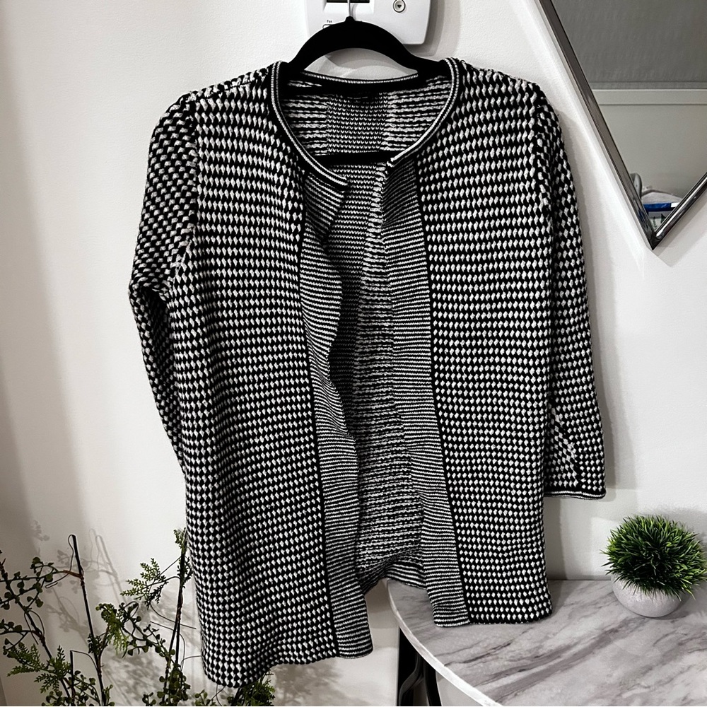 Talbots Black & White Merino Wool Open Front-Lg - Picture 1 of 5